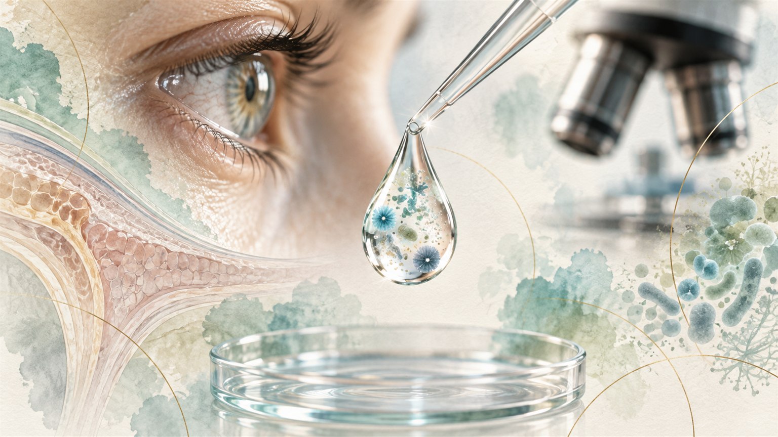 Tear sample above a laboratory dish with biomarker imagery