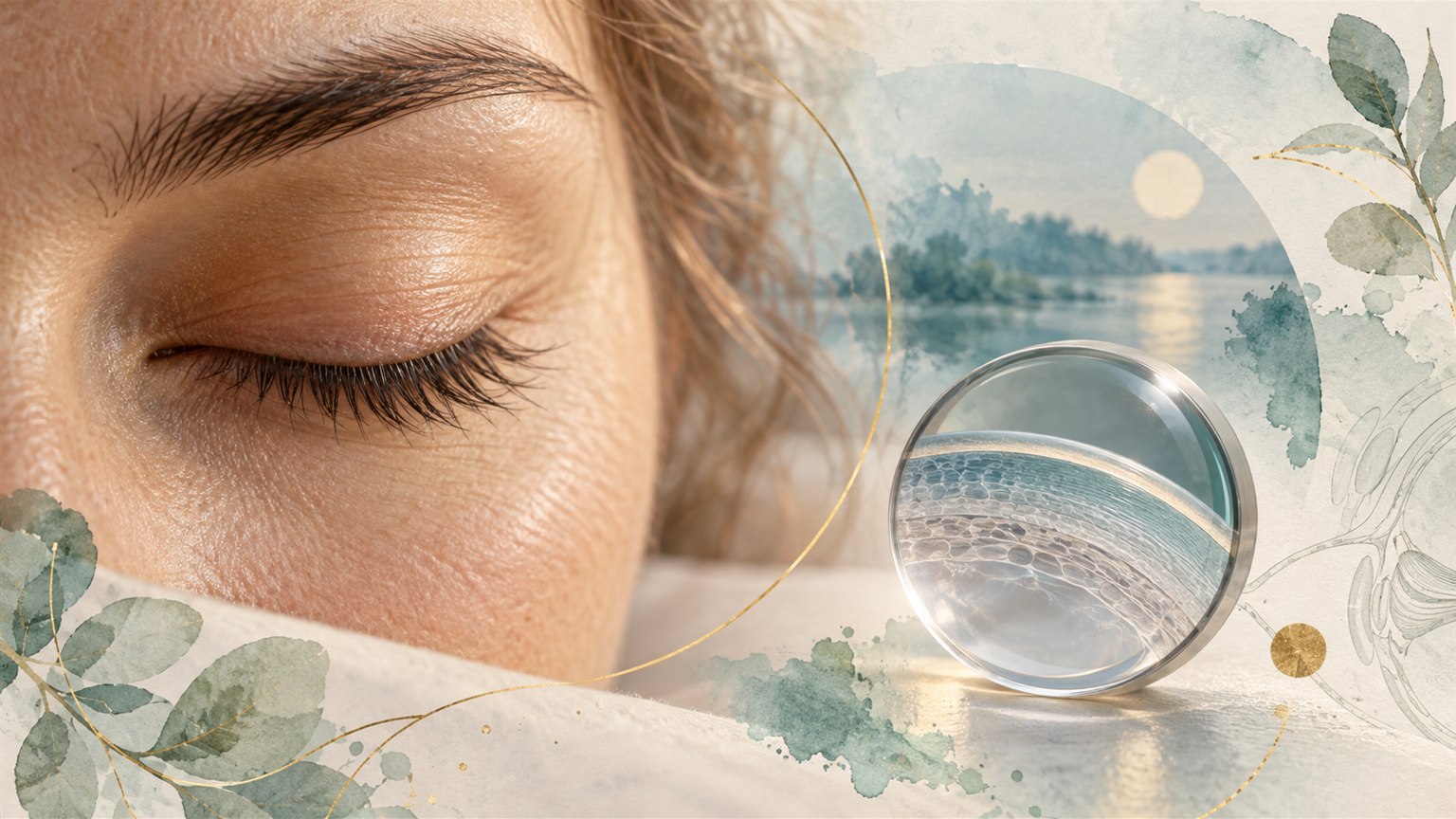 Resting eye beside an imaging lens in evening light