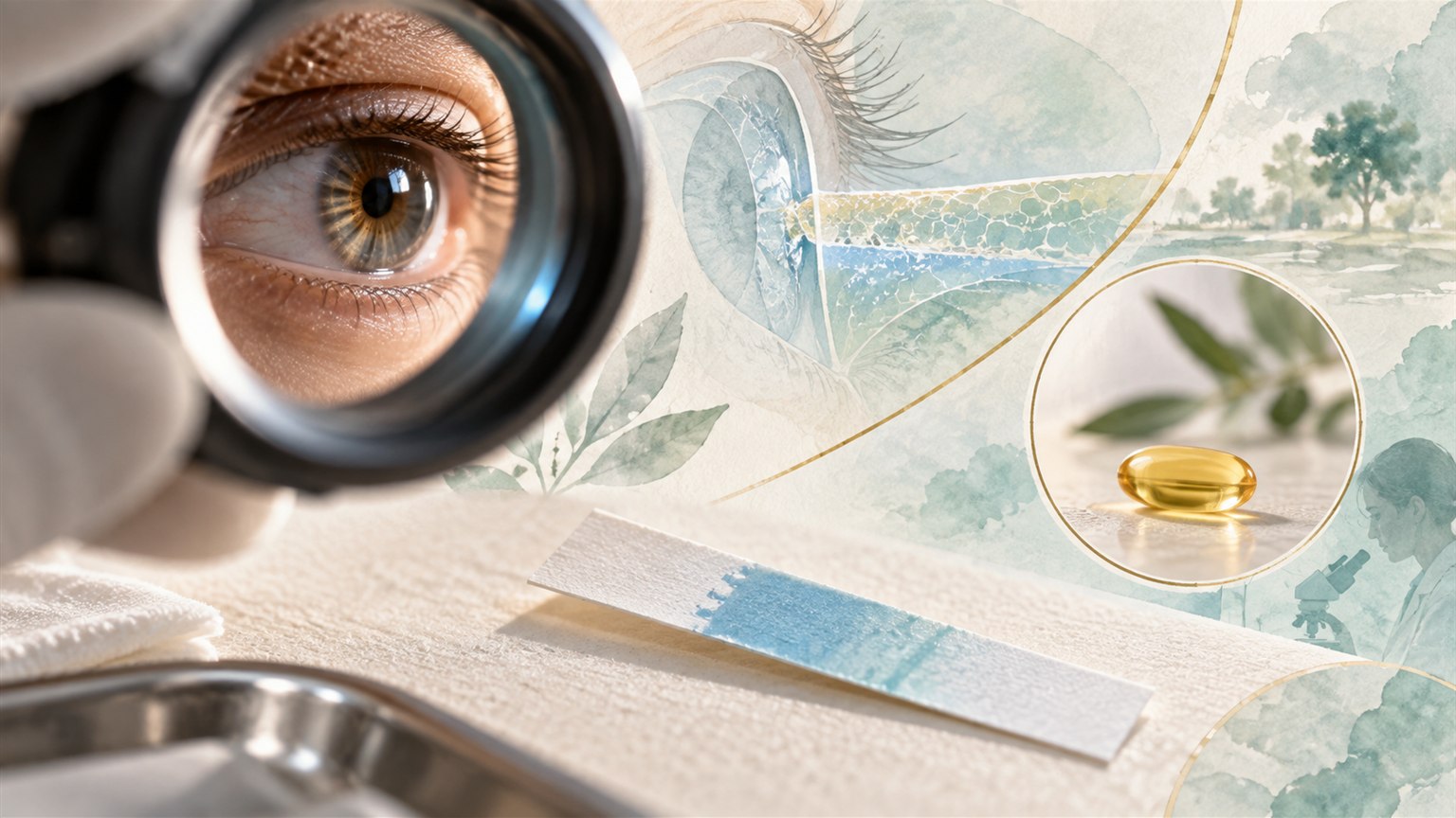 Tear-test strip, eye lens, and omega-3 capsule