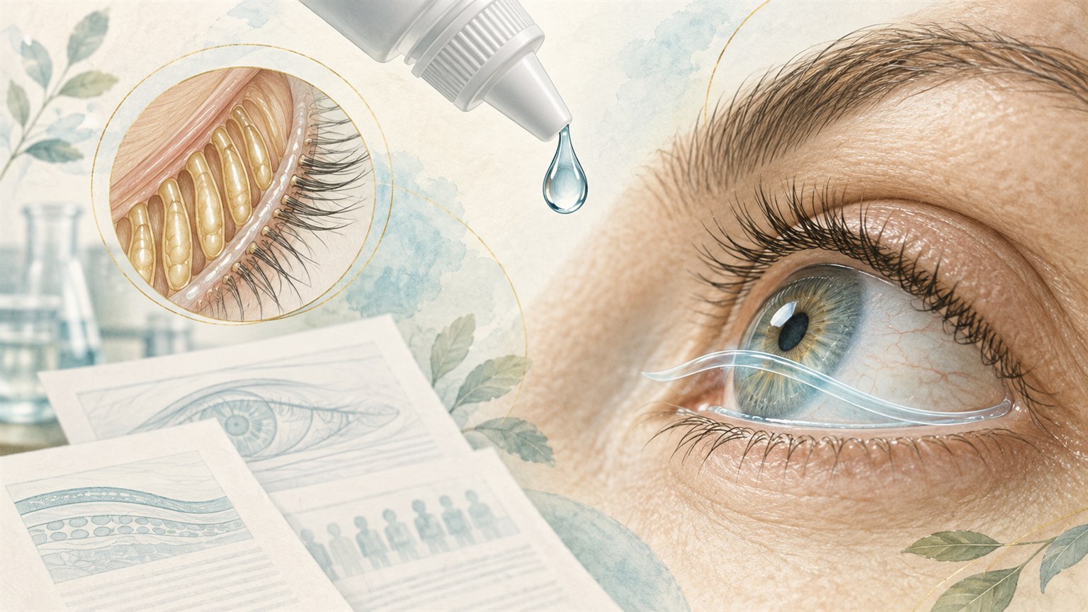 Eye drop above an eye, with a tear film and eyelid gland illustration