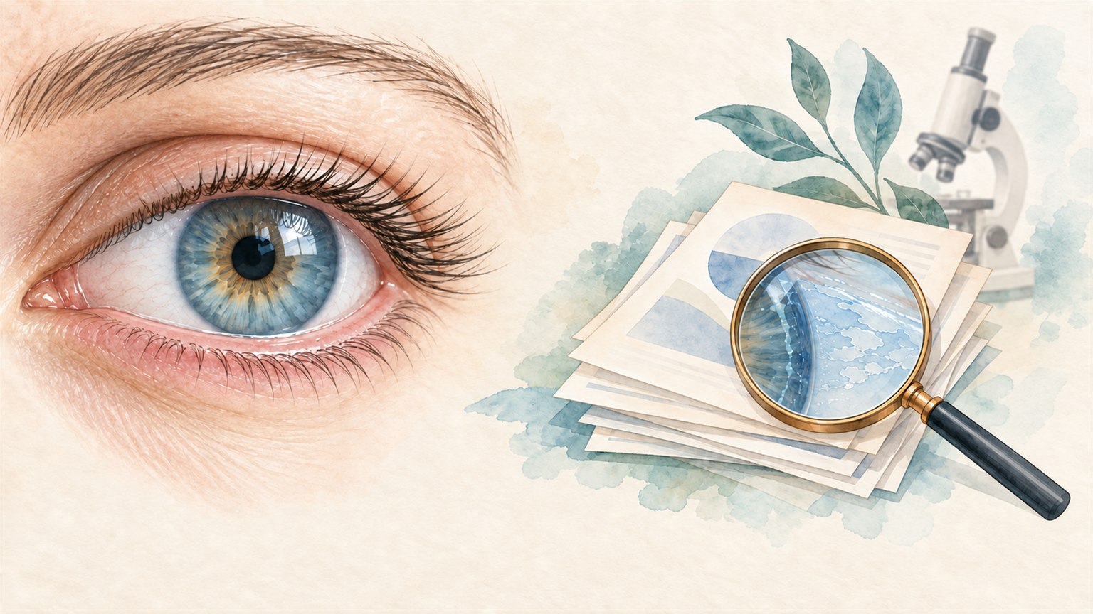 Illustration of an eye beside research papers and a magnified tear film